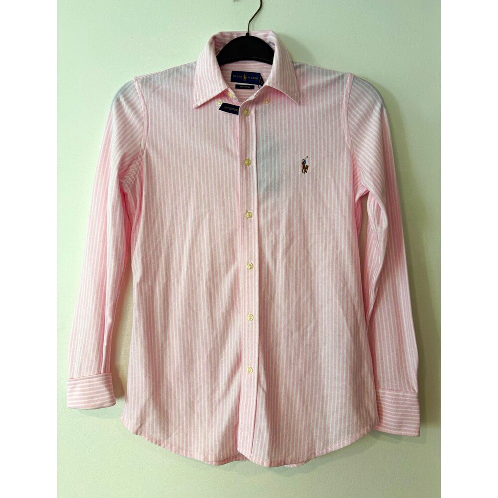 Ralph Lauren Knit Oxford Pink/White Striped Long Sleeve Button-Up Shirt M